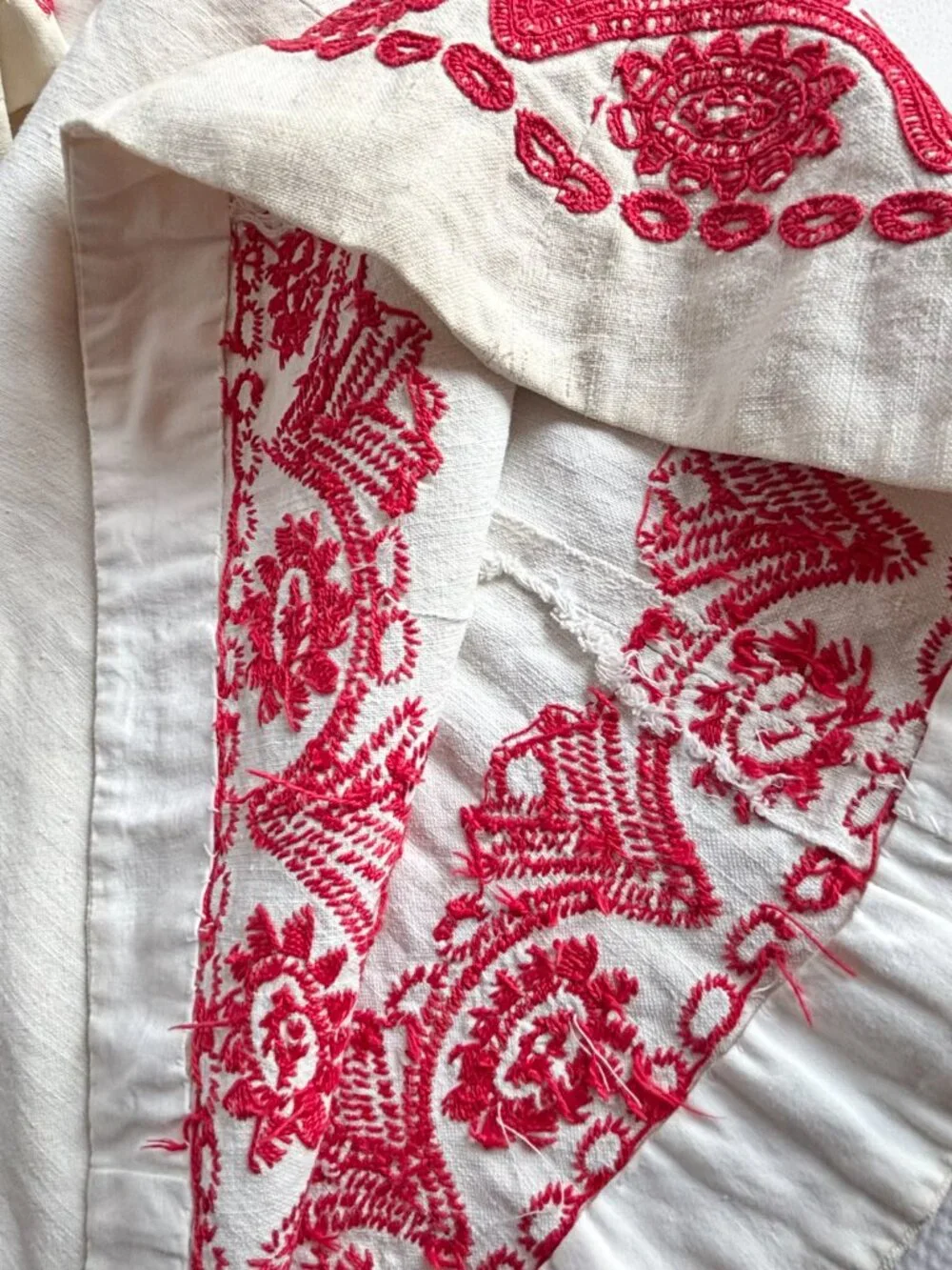 Vintage White Linen Handmade Embroidered Hungarian Folk Style Dress